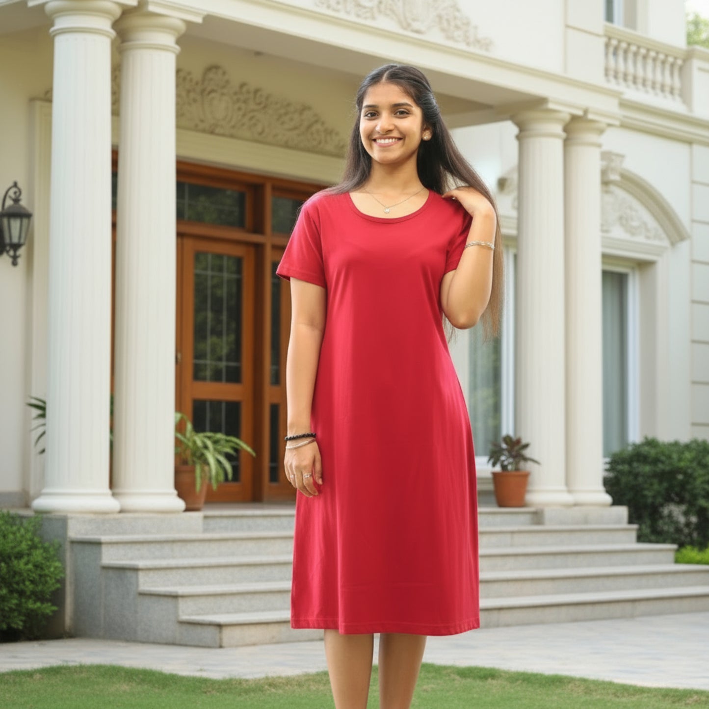 women wearing red knee length t shirt dress