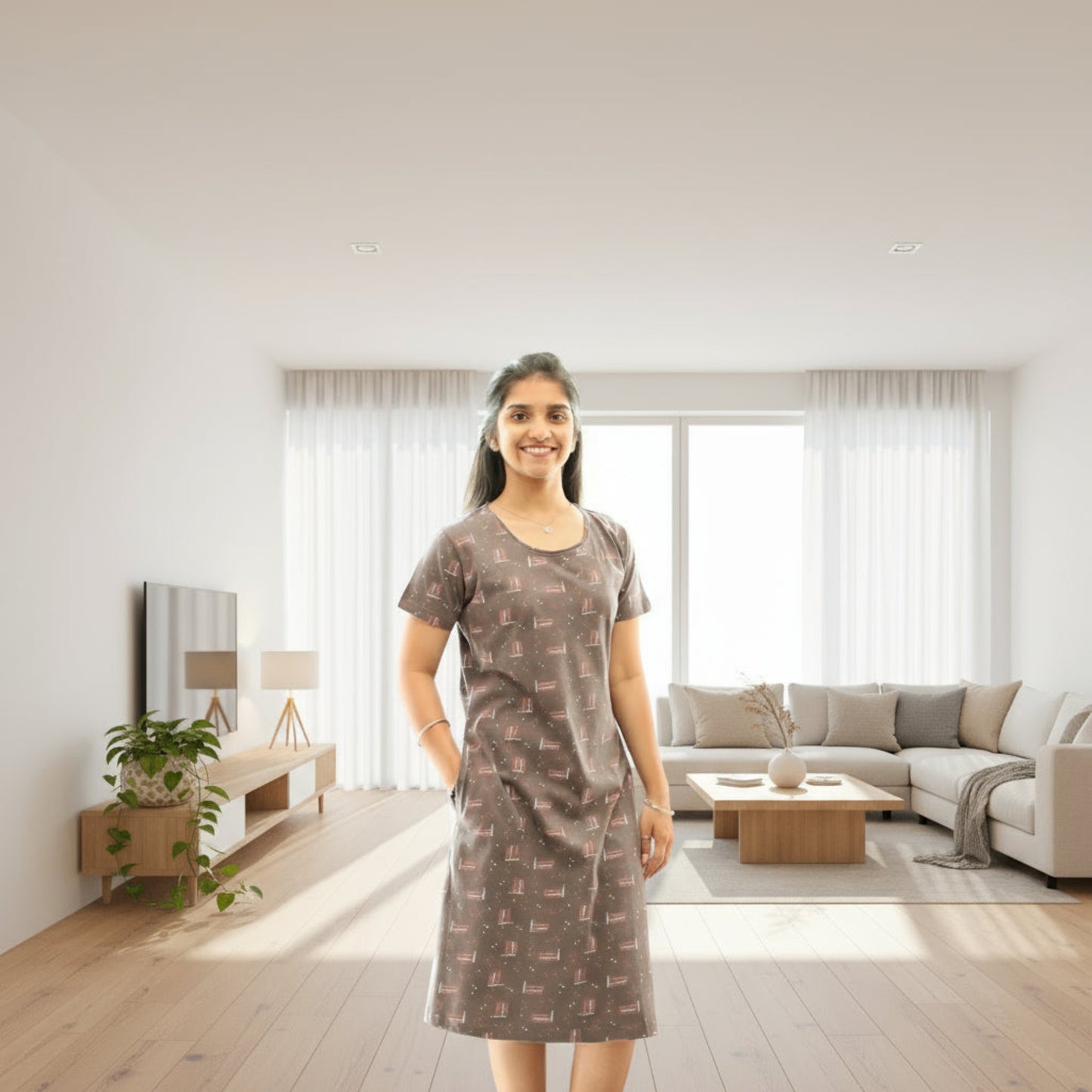women wearing grey color cotton short nighty with all over prints, standing putting hands in pocket.
