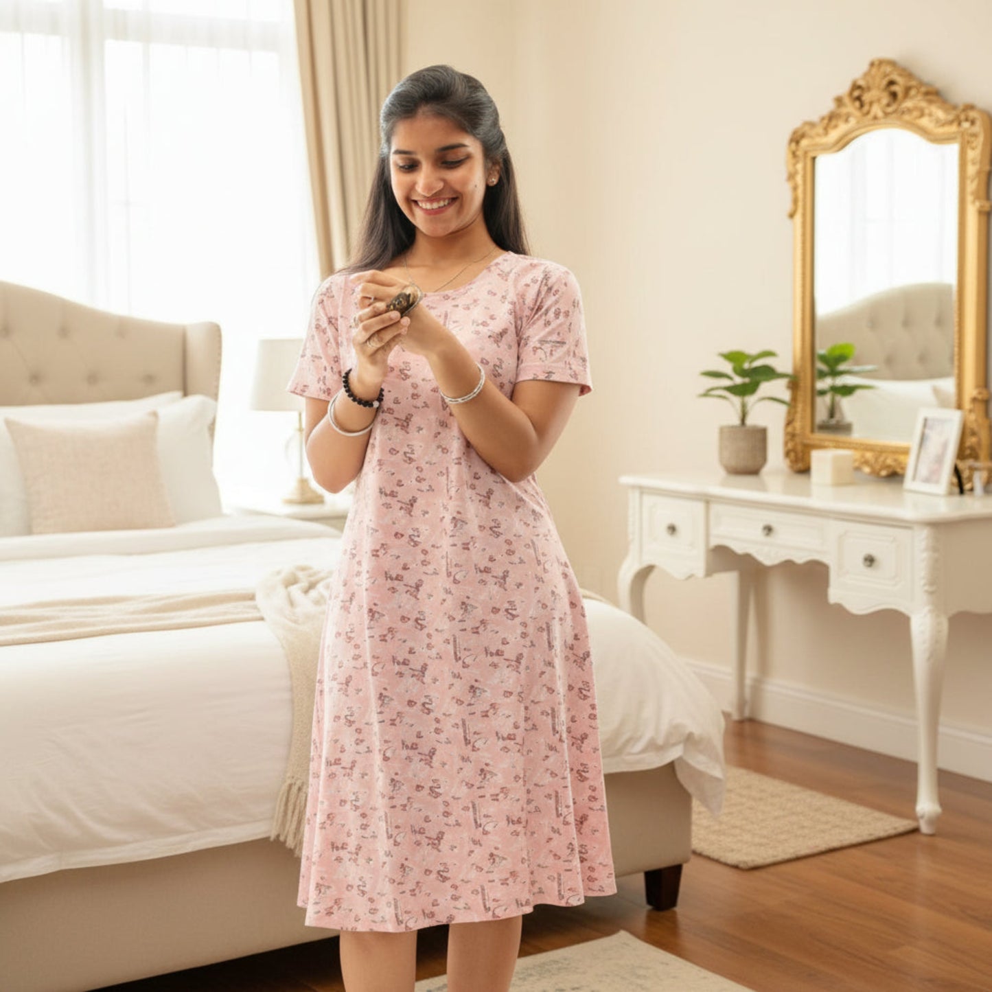 women wearing light pink short nighty with prints all over.