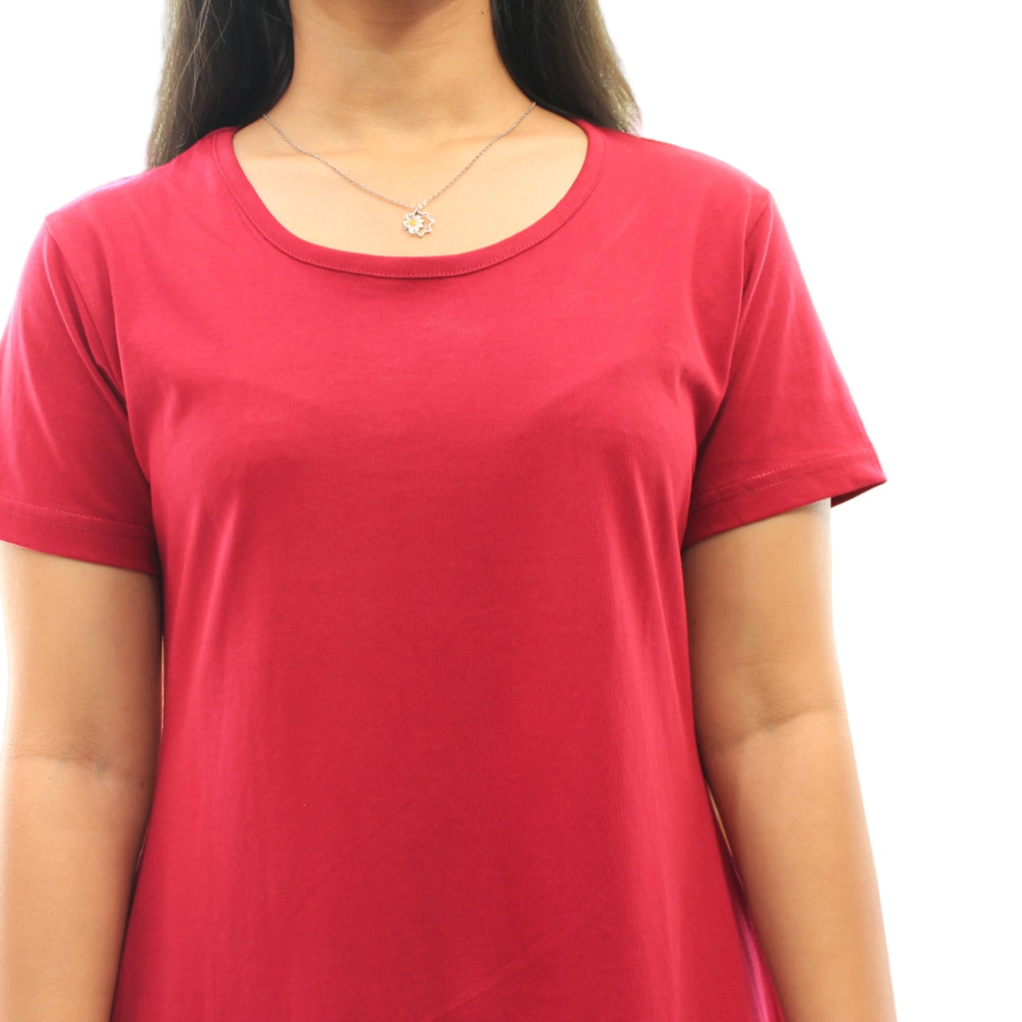 close up view of women in reddish maroon t shirt dress