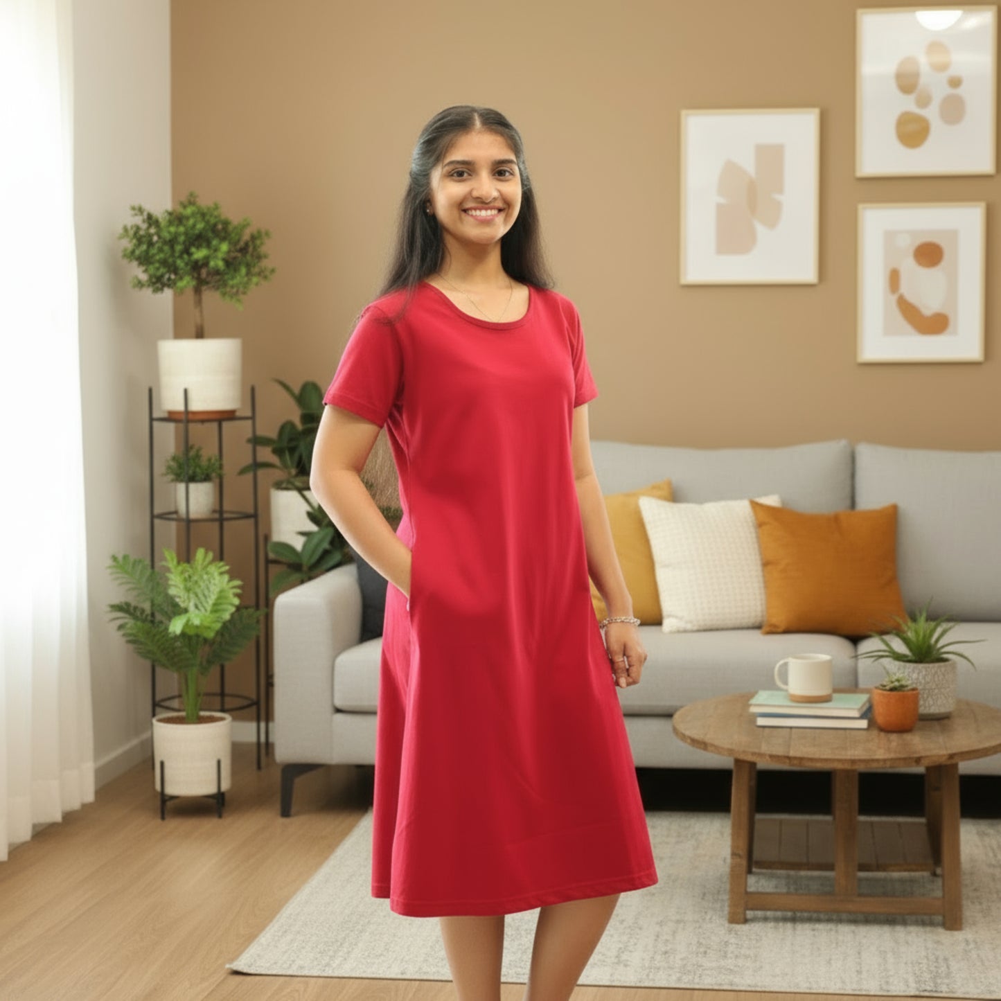 women wearing reddish maroon knee length t shirt dress with hands in pocket