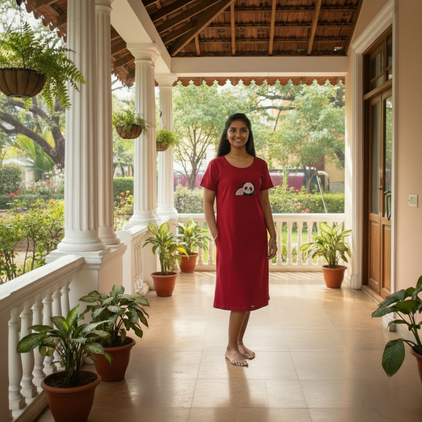 women wearing reddish maroon cotton short nighty with hands in pocket