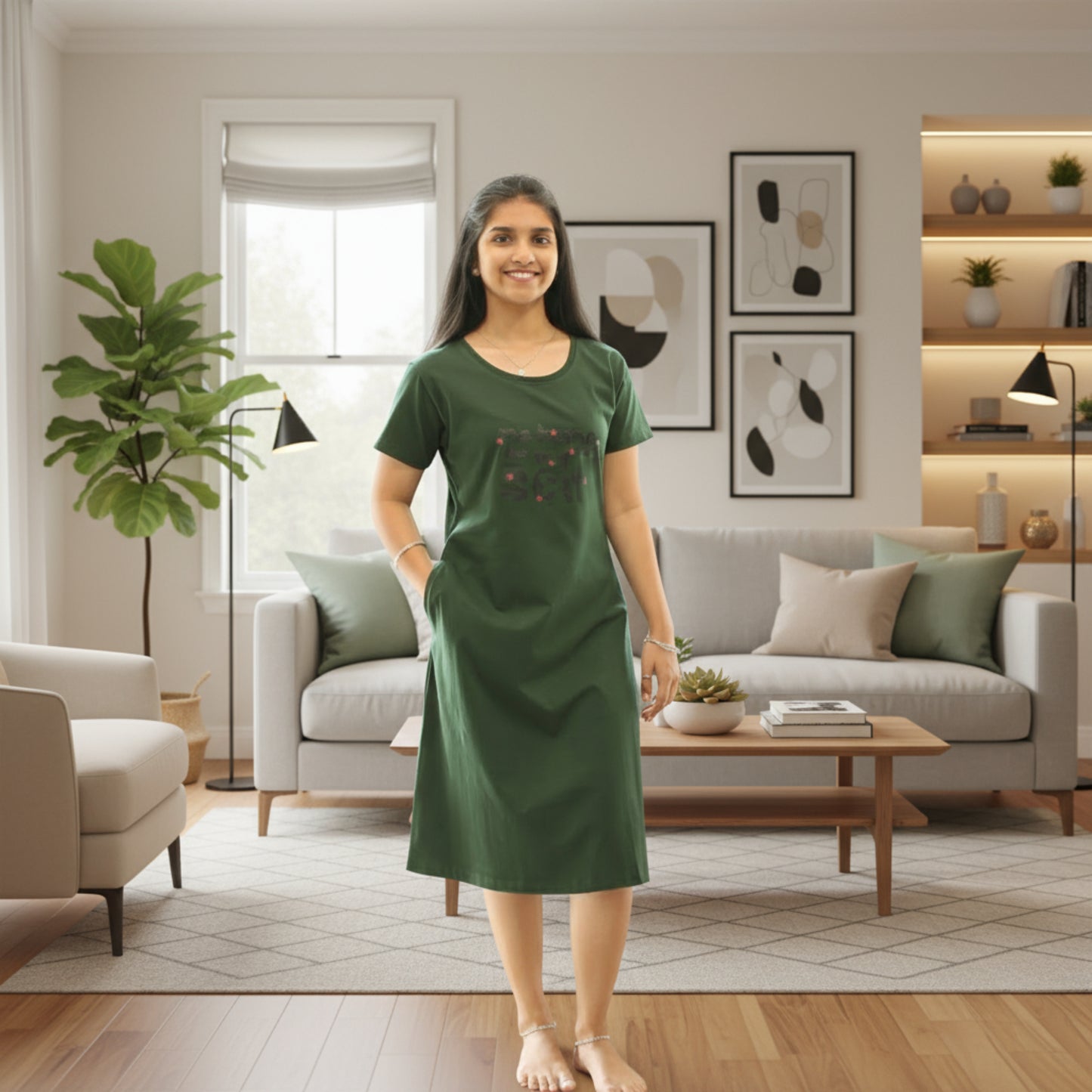 women wearing green color cotton short nighty , standing in casual pose putting hands in pocket