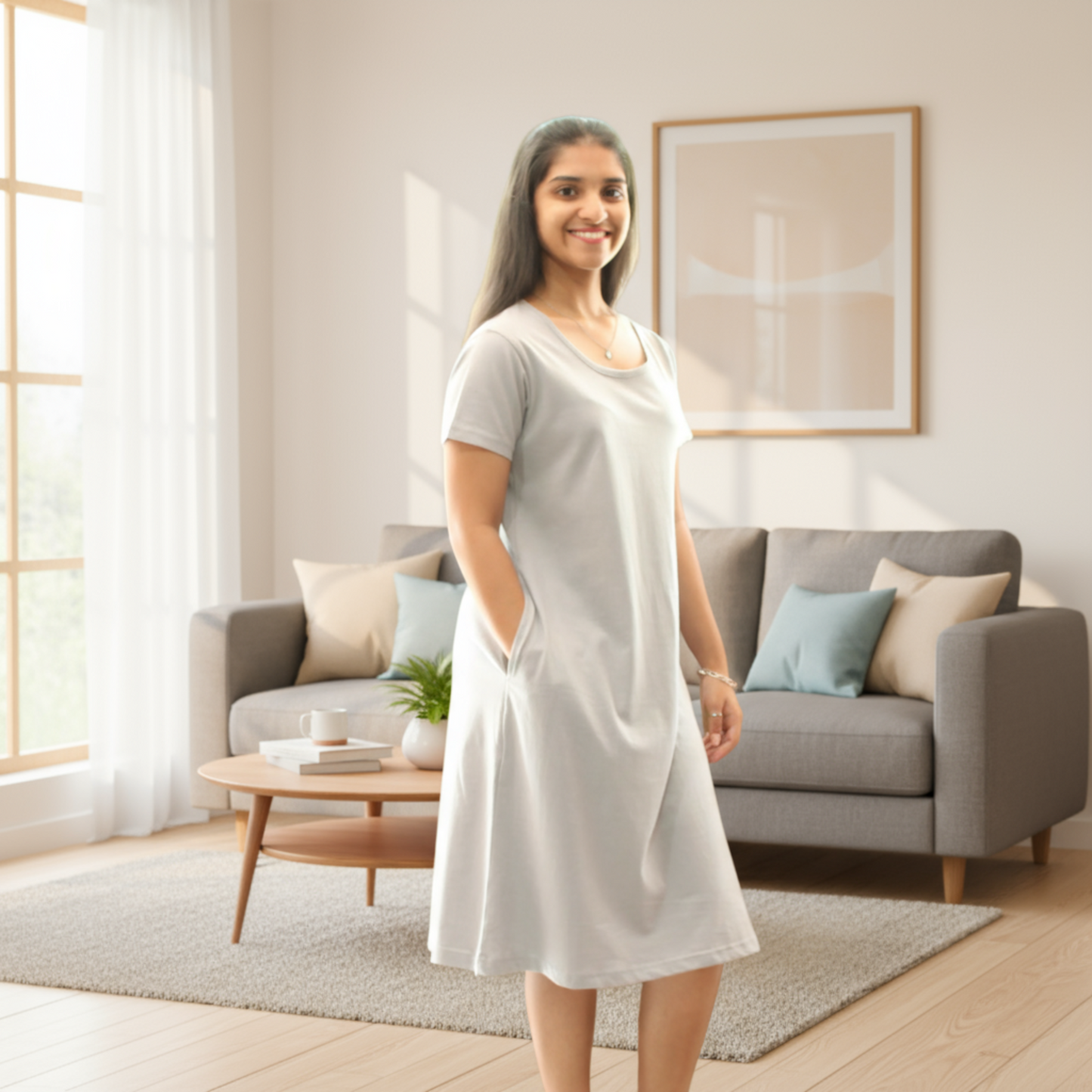 Woman wearing a light gray dress standing in a bright living room.