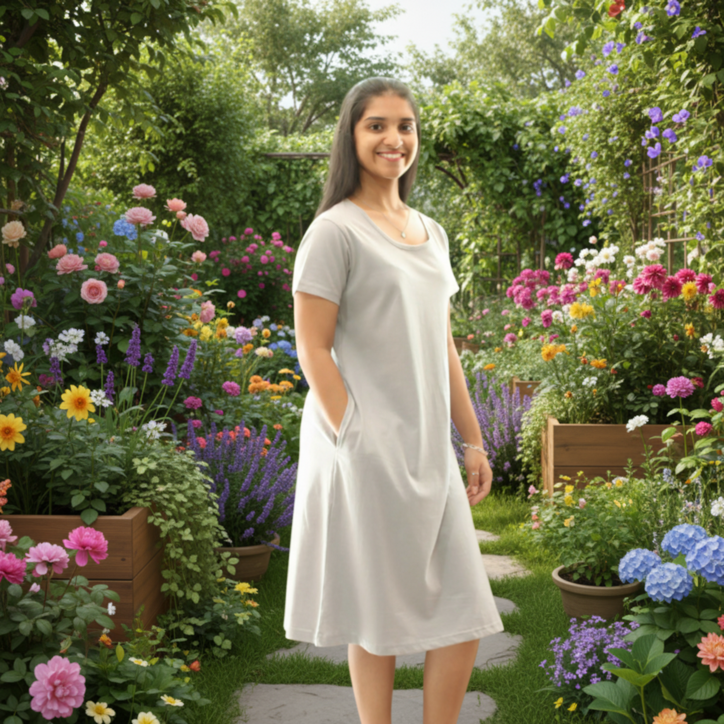 Woman wearing light grey t shirt dress, standing in a garden filled with colorful flowers and plants
