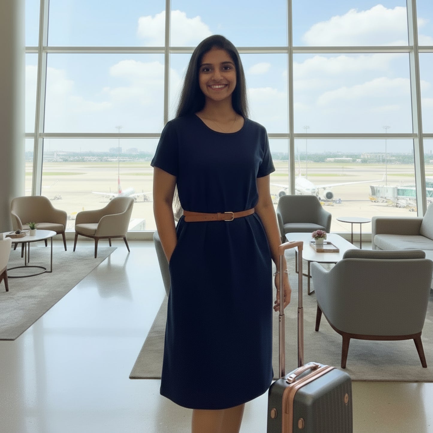 women wearing plain navy blue color cotton knee length t shirt dress with hands in pocket