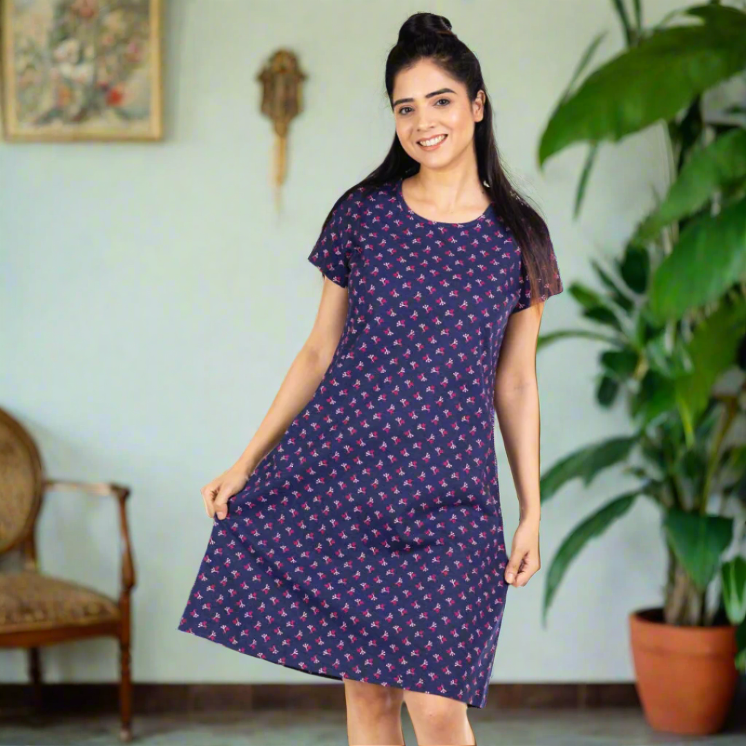 navy color knee length t shirt dress with small prints all over
