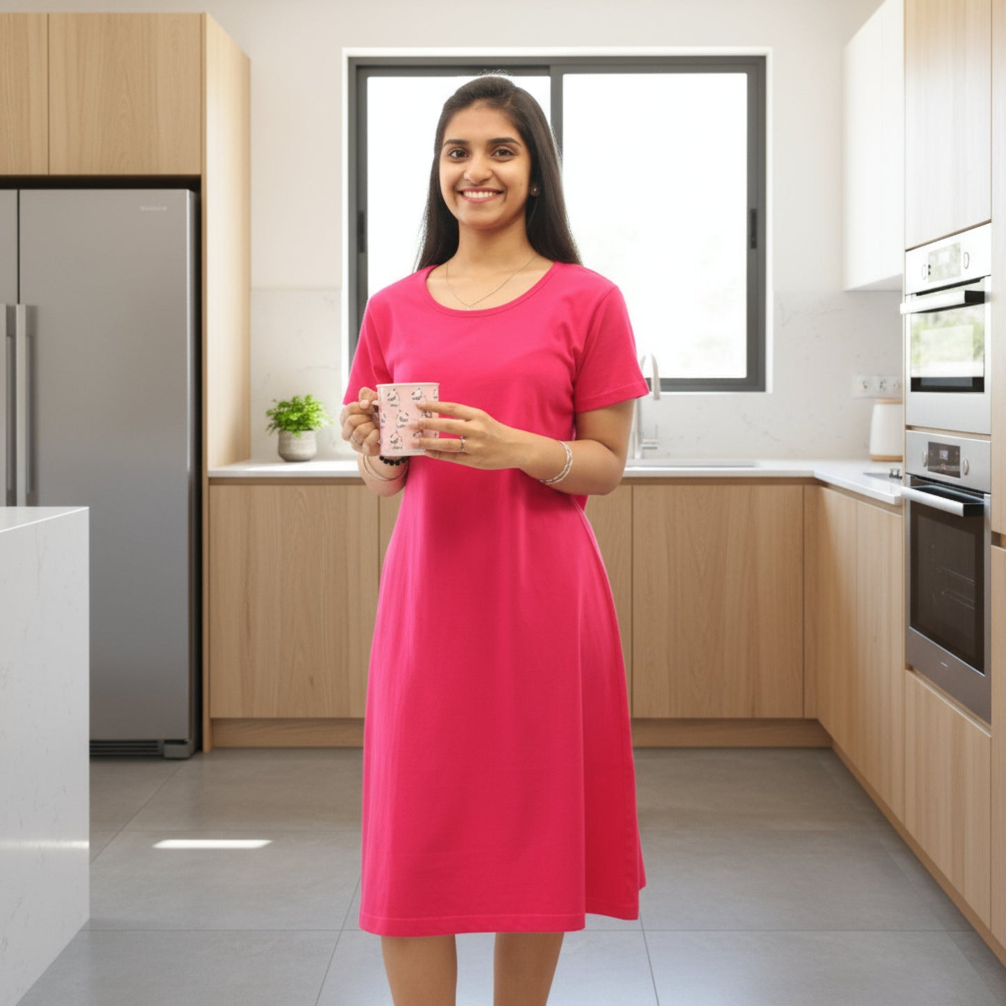 women wearing pink color cotton knee lengt t shirt dress holding a mug