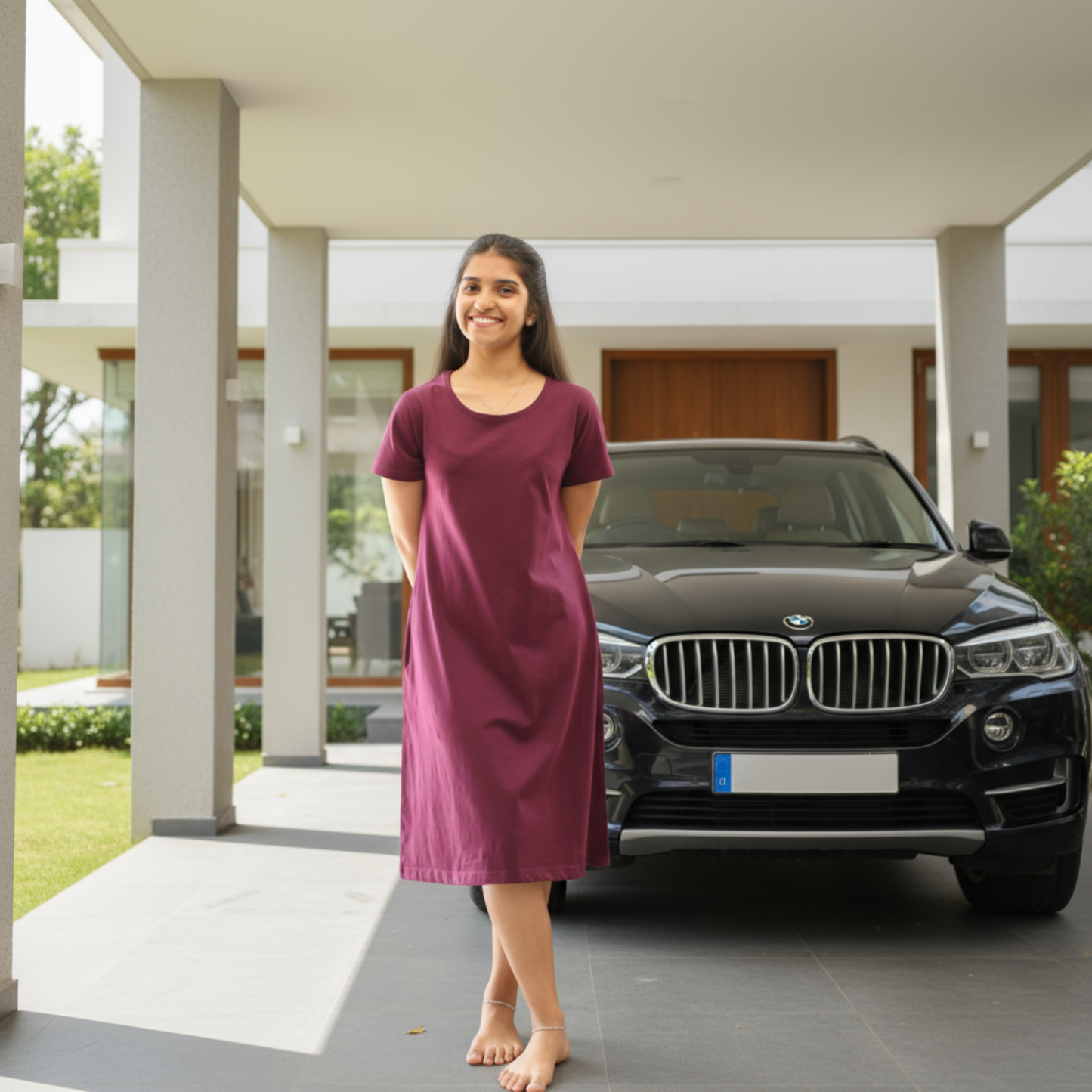 women wearing wine color cotton knee length t shirt dress and standing in front of a car