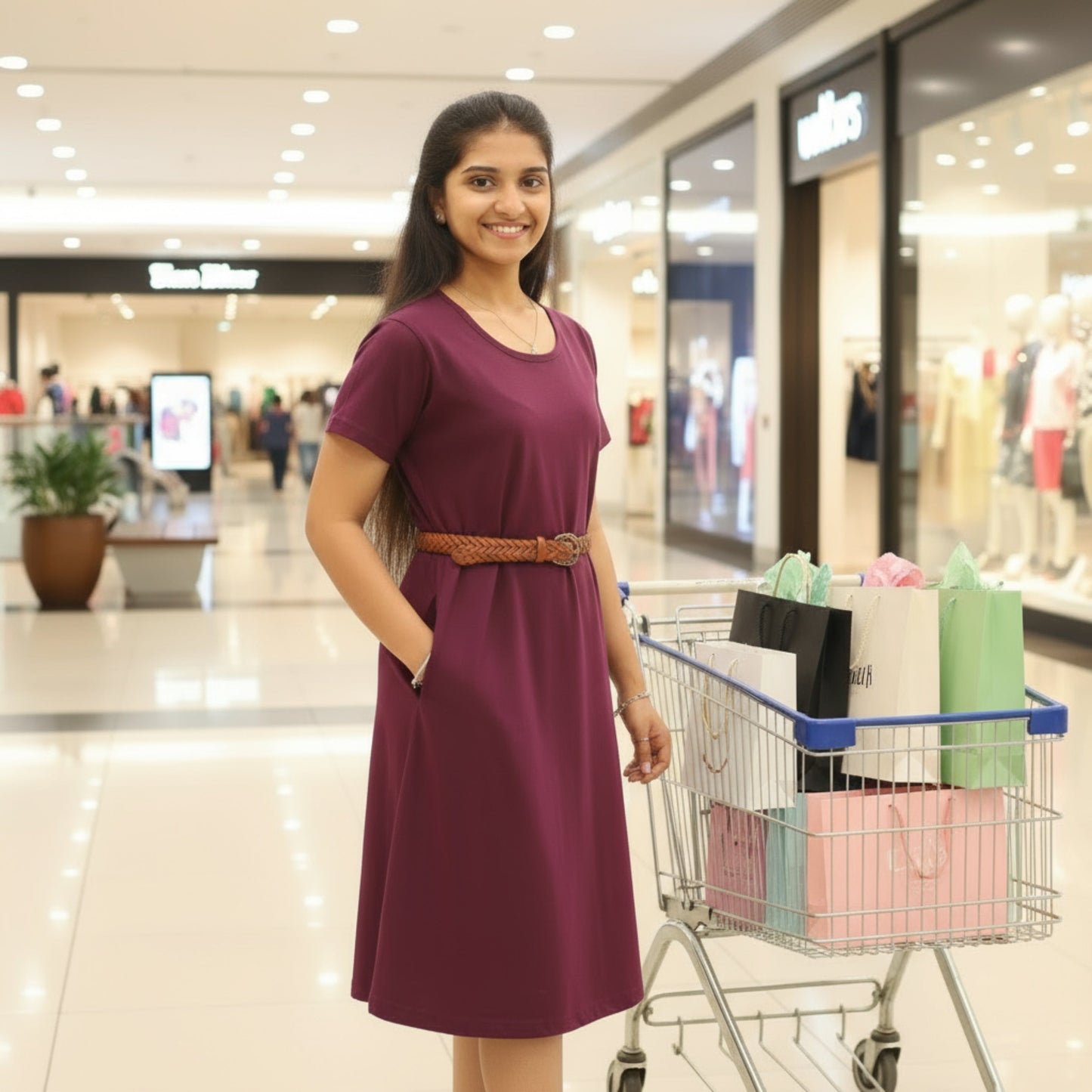 women wearing cotton wine color t shirt dress with hands in pocket