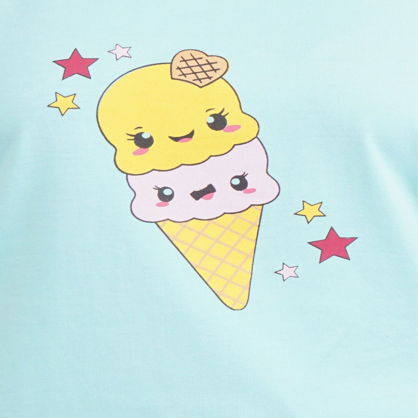 close-up view of the print design , ice cream cone with yellow and light pink color and also star print in maroon color