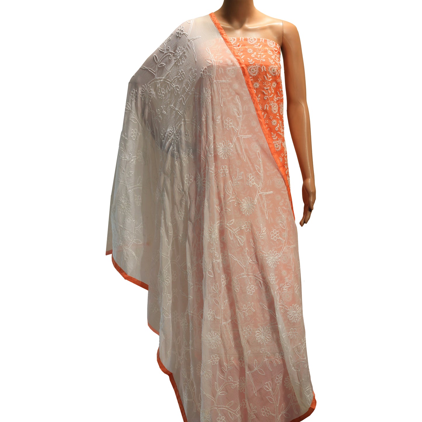 White chiffon dupatta with embroidery
