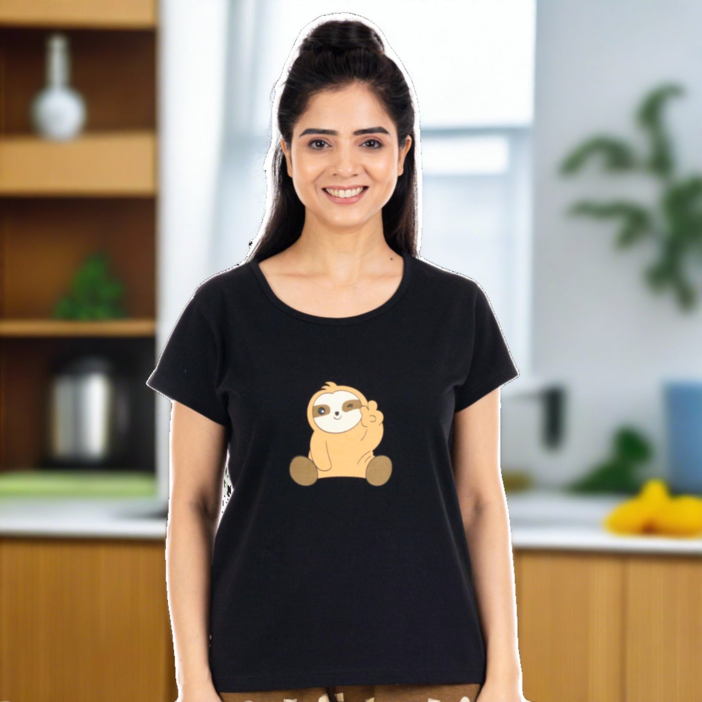 Black color t-shirt with round neck and short sleeves and sloth print