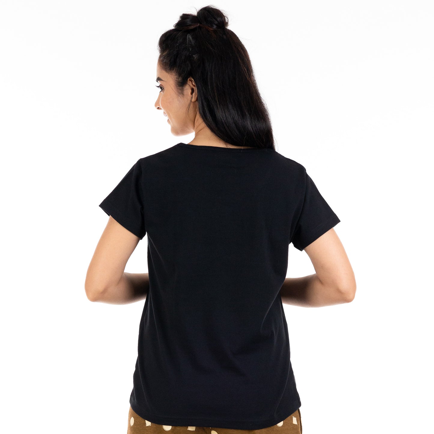 Back side of black tshirt of waist length