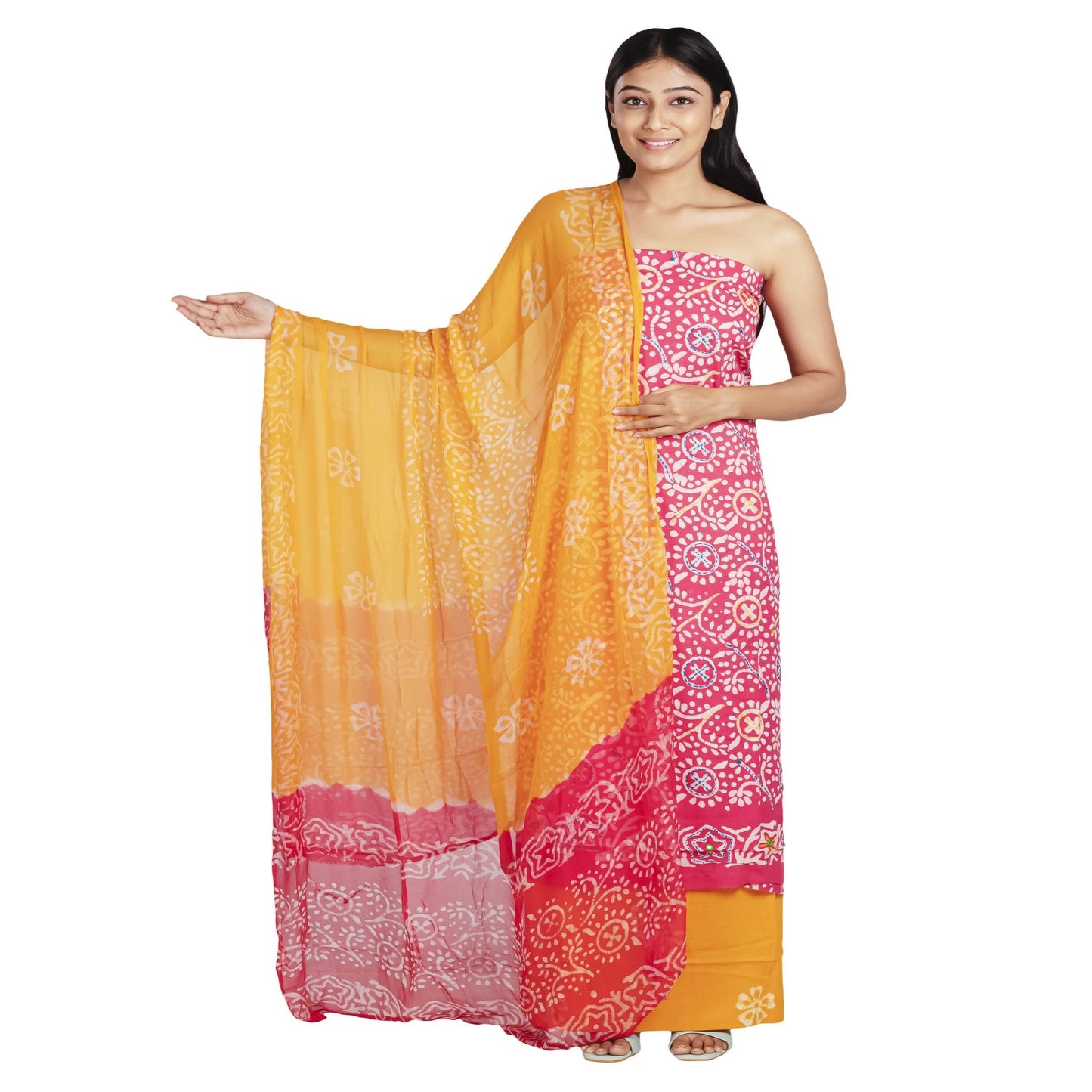 Pink Batik Dress Material with Chiffon dupatta
