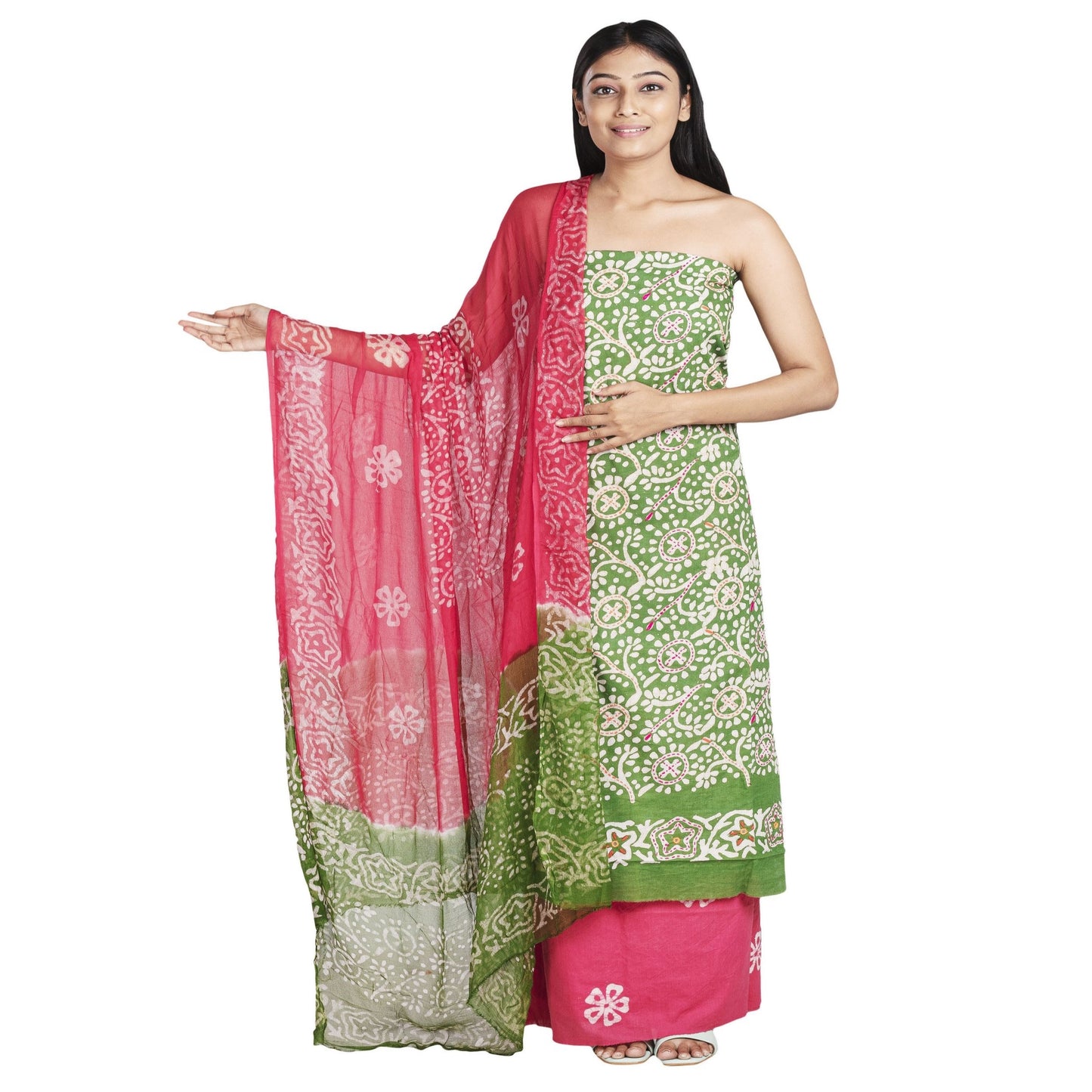 green cotton top with embroidery and white print ,pink bottom with white print, chiffon dupatta in green and pink