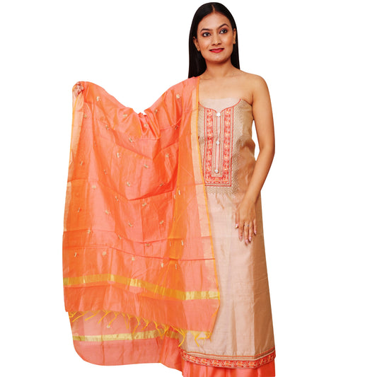 light cream color top with embroidery on yoke, chanderi dupatta with embroidery, cotton plain peach bottom
