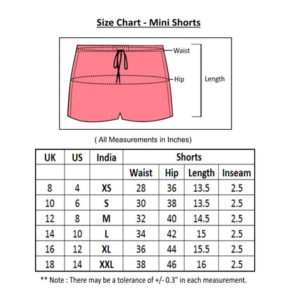 size chart of mini shorts with measurements for all sizes