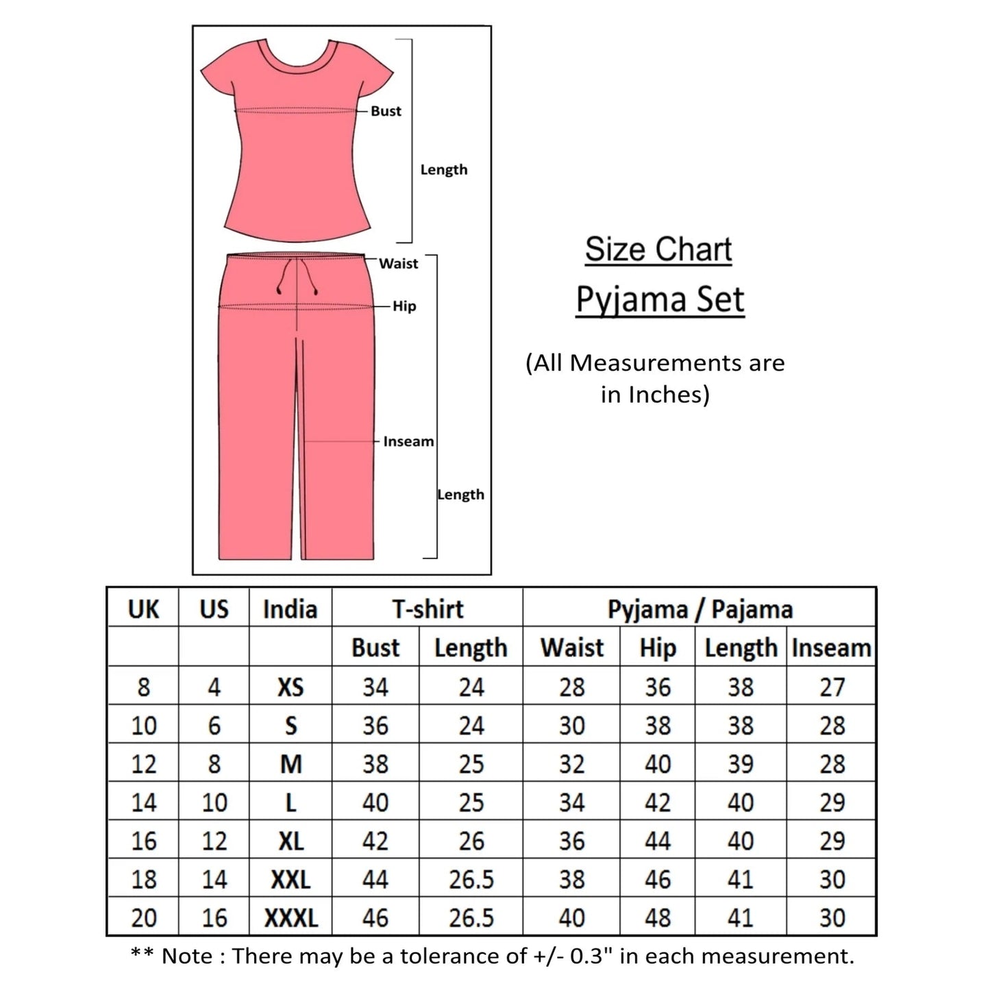 Size chart for womens pajama set. Sizes from small to 3xl