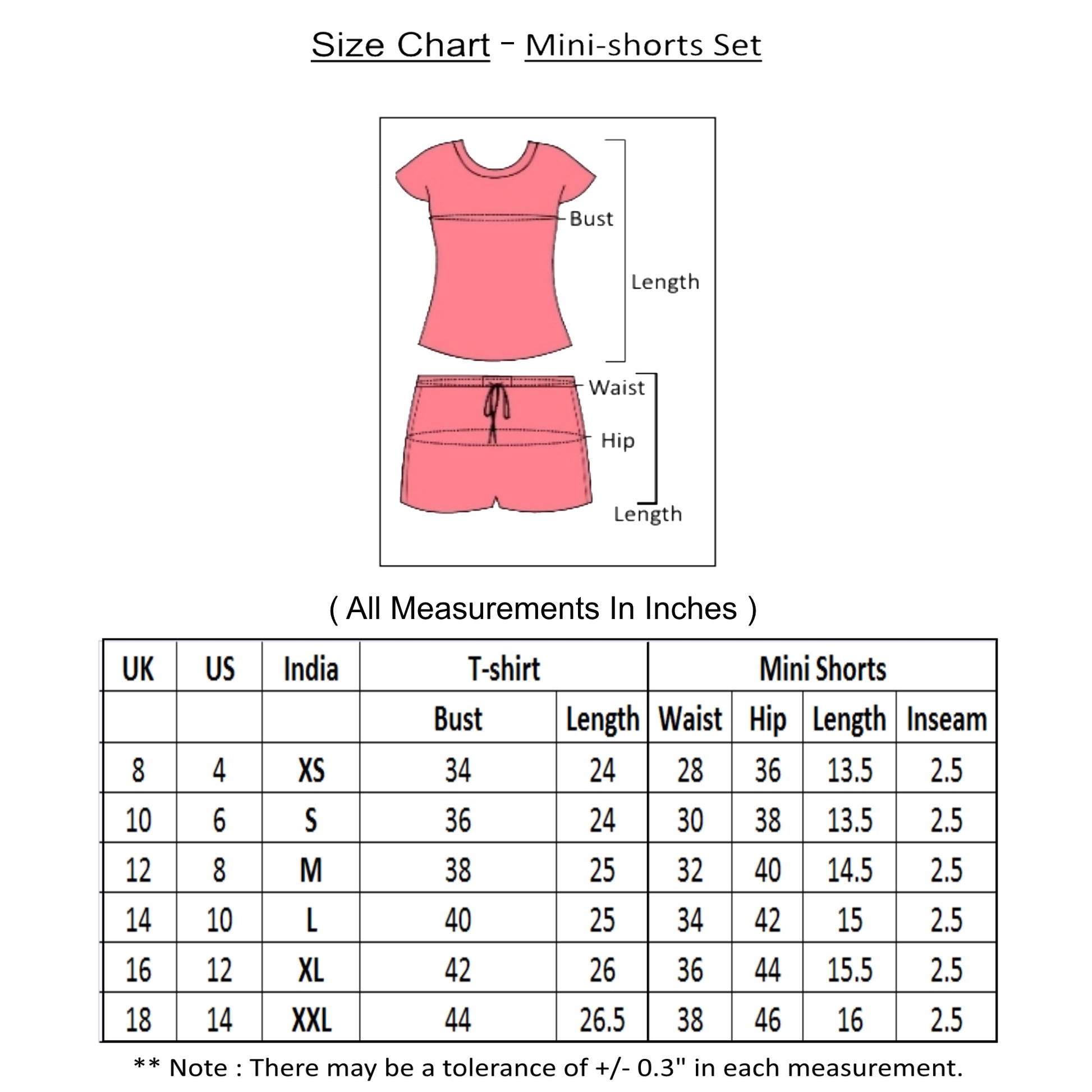size chart of night shorts set for women with measurements for all sizes.