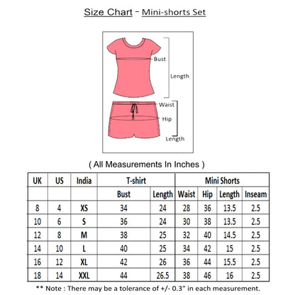 size chart of night shorts set for women with measurements for all sizes.