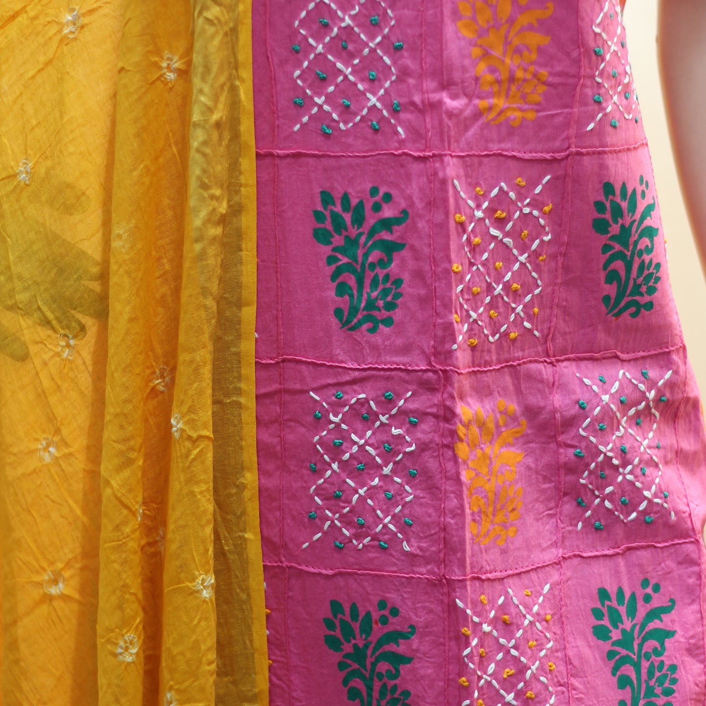 Pink & Yellow Cotton Bandhani Dress Material