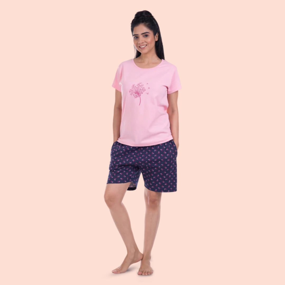 Cotton Printed Night Shorts Set - Light Pink & Navy