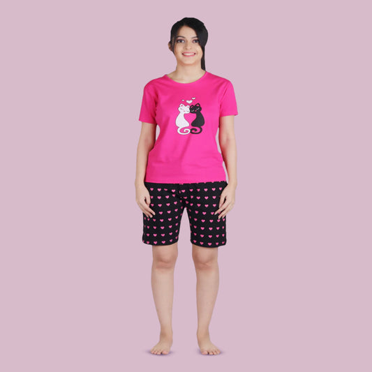 cotton shorts set for women, pink t shirt with cat design in black and white, black shorts with pink heart print