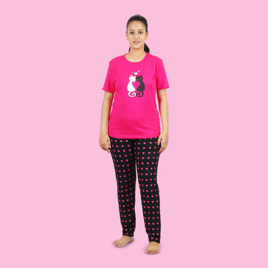 Cotton Night Suit Pajama Set - Pink and Black