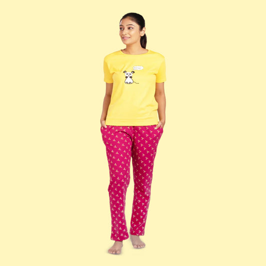 Yellow T Shirt with chest print in black and white, Wine Pajama with star design print in yellow, t shirt and pajama set