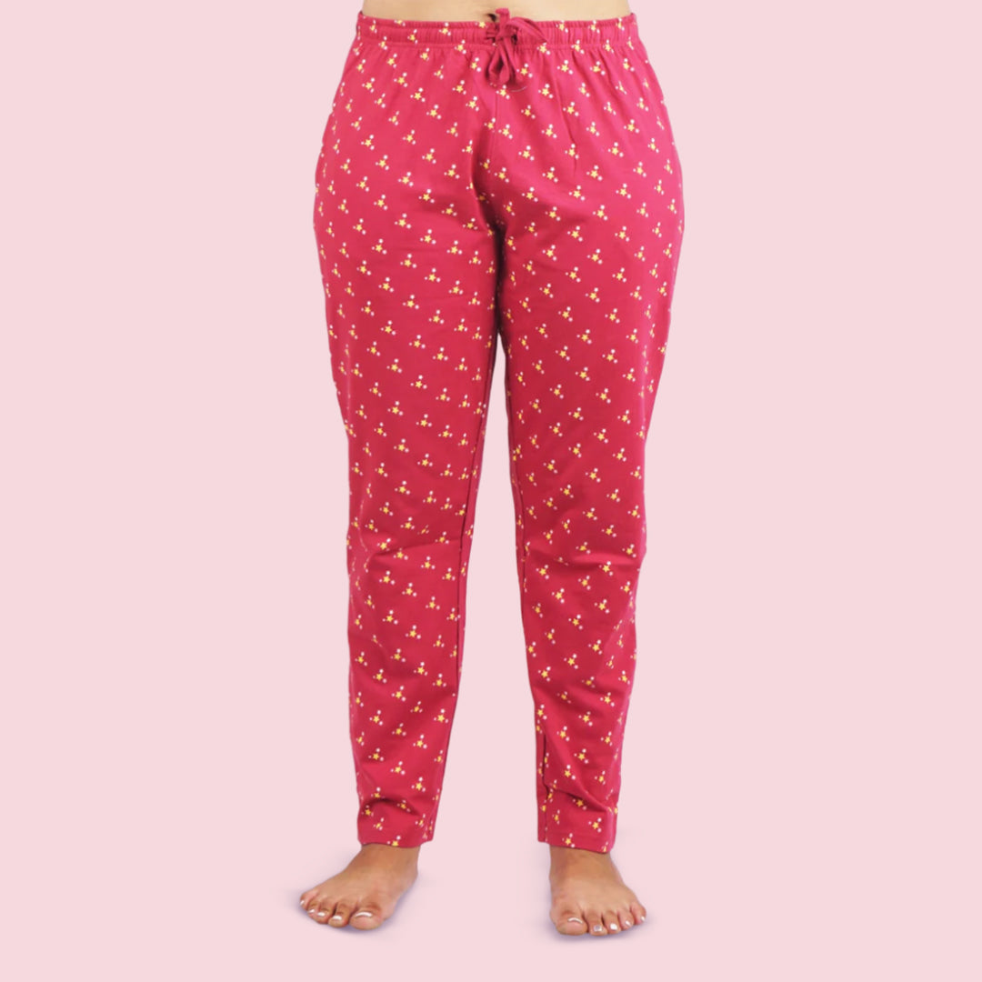 Maroon Cotton Printed Pyjama for Ladies