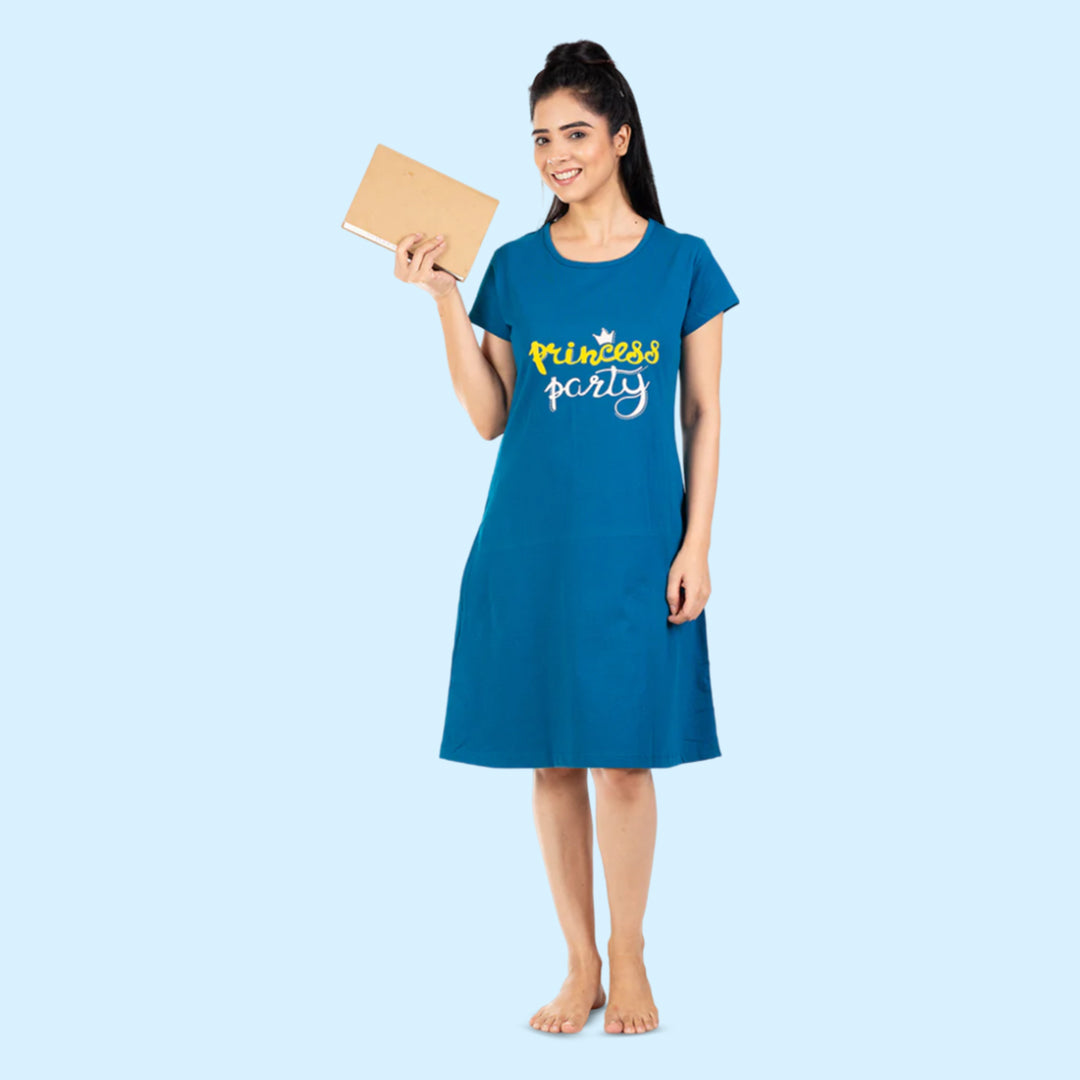 front side view of teal blue color cotton short nighty with princess party written on the chest area in white and yellow color