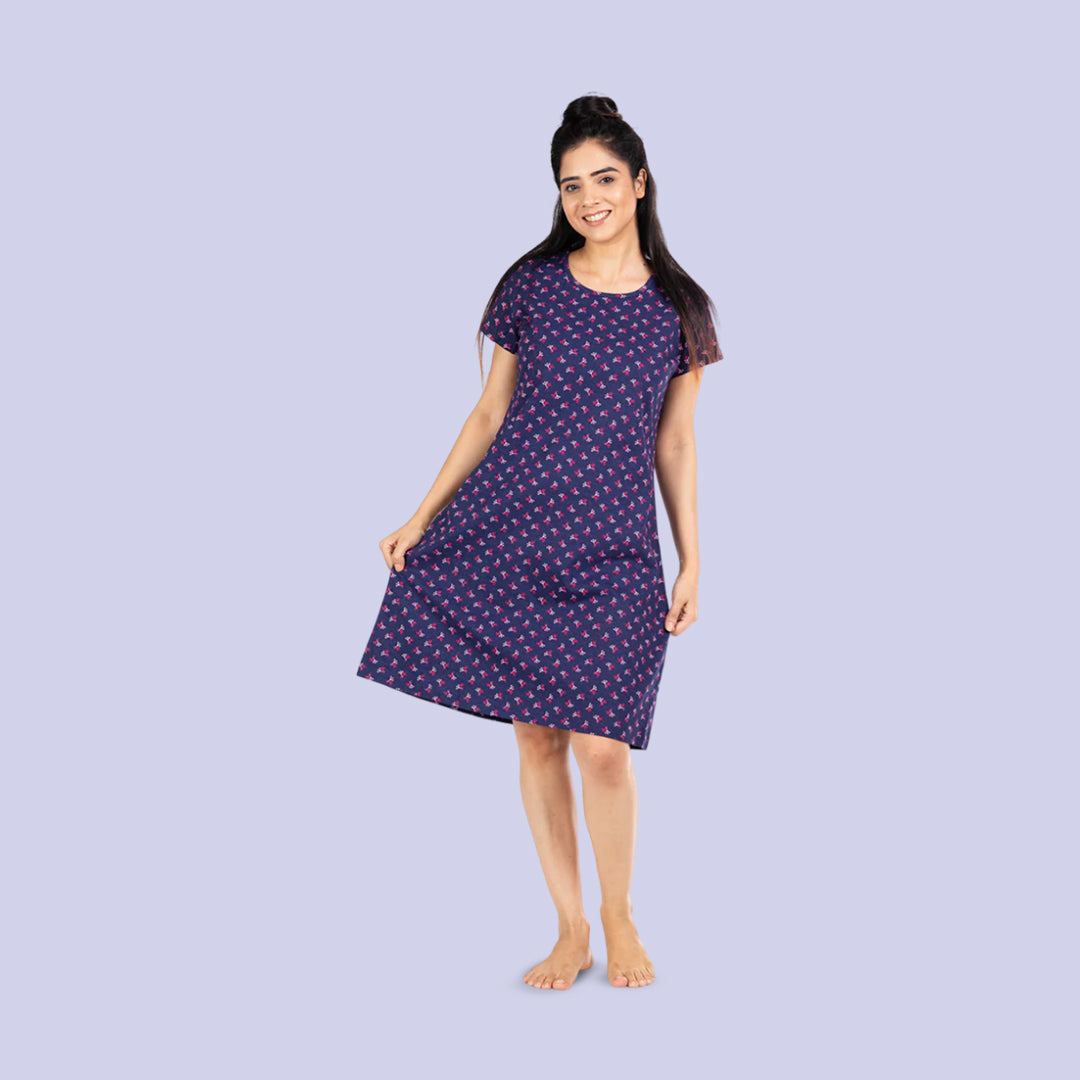 front view of navy color knee length t shirt dress with small prints all over