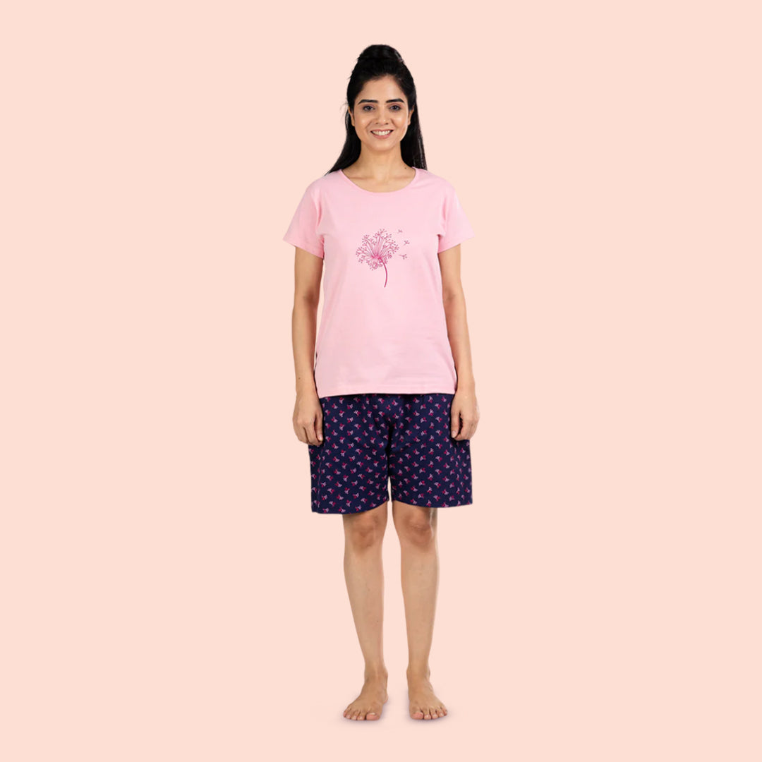 Cotton Printed Night Shorts Set -  Light Pink & Navy