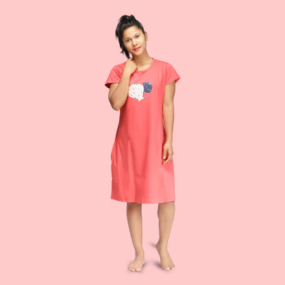 Cotton Knee Length Short Nighty - Coral