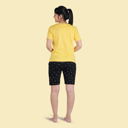 Cotton Printed Night Shorts Set - Yellow and Black