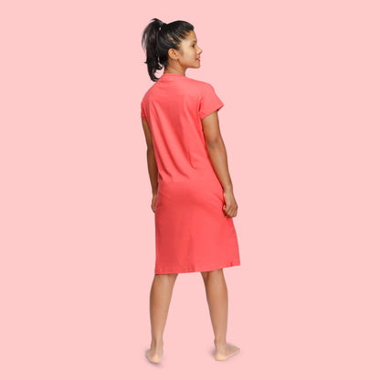 Cotton Knee Length Short Nighty - Coral