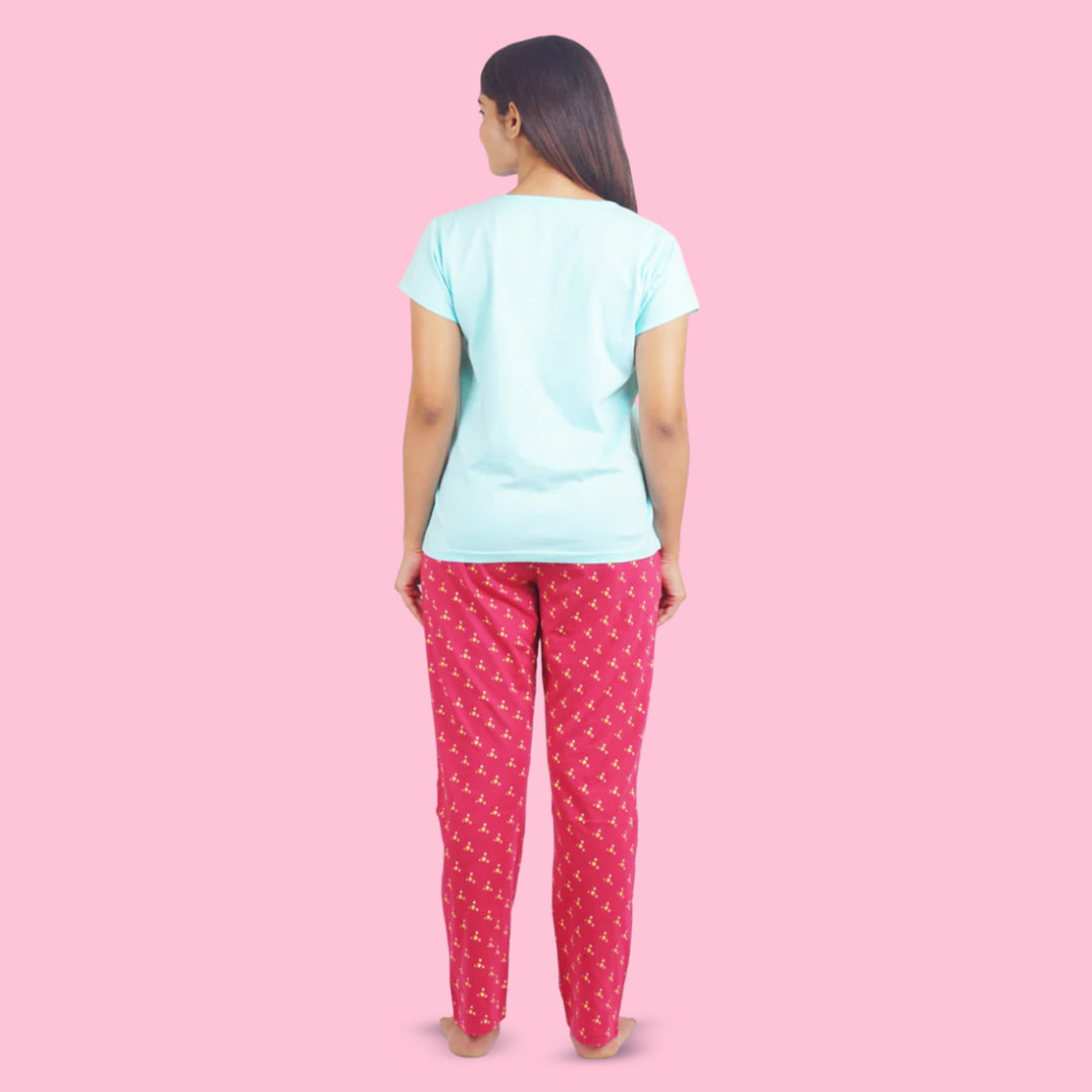 Cotton Night Suit Pajama Set - Light Blue & Maroon