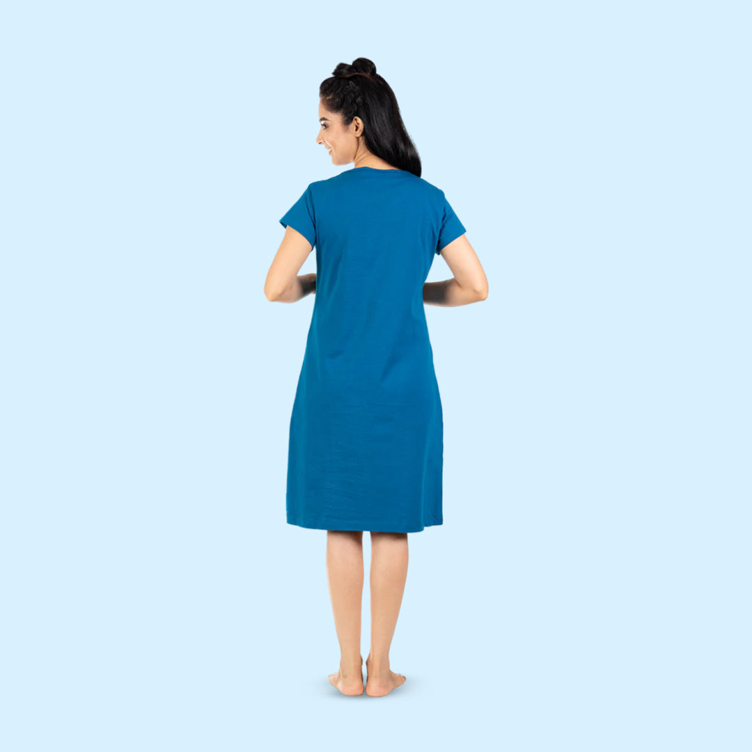 back side view of teal color cotton short nighty for women