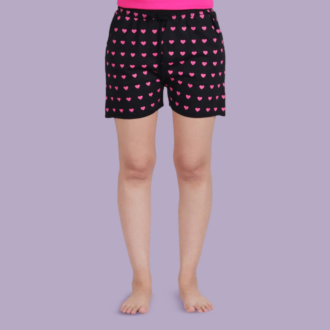 Cotton Printed Night Mini Shorts Set- Pink & Black