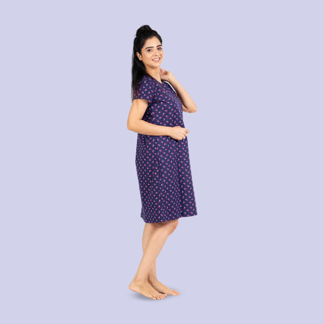 side view of navy blue short nighty with all over print