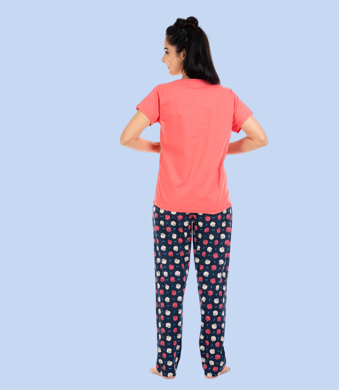 Cotton Night Suit Pyjama Set- Coral & Navy Blue