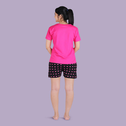 Cotton Printed Night Mini Shorts Set- Pink & Black