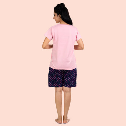 Cotton Printed Night Shorts Set -  Light Pink & Navy