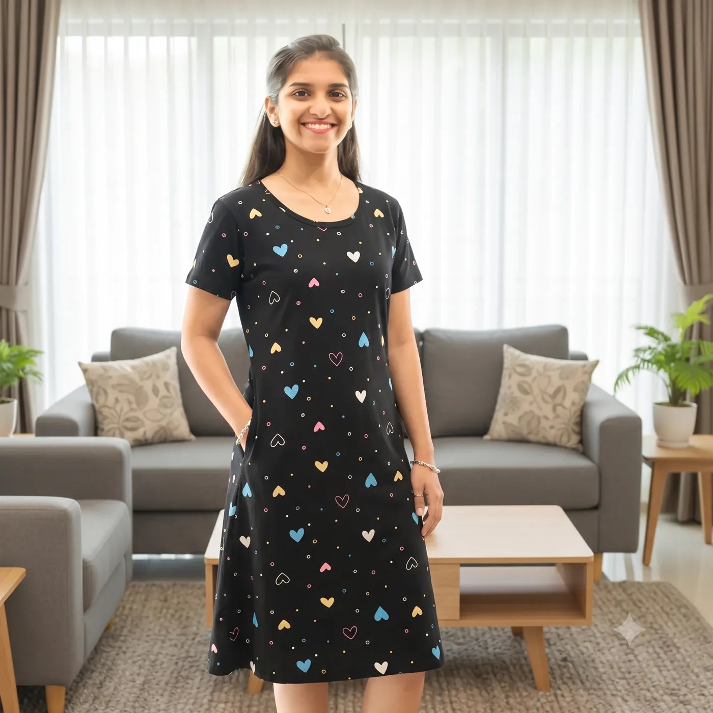 A woman stands in a bright living room wearing a black short-sleeve knee length short nighty with a scattered heart pattern in light blue, pink, yellow, and white. 