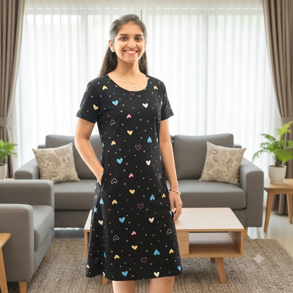 A woman stands in a bright living room wearing a black short-sleeve knee length short nighty with a scattered heart pattern in light blue, pink, yellow, and white. 