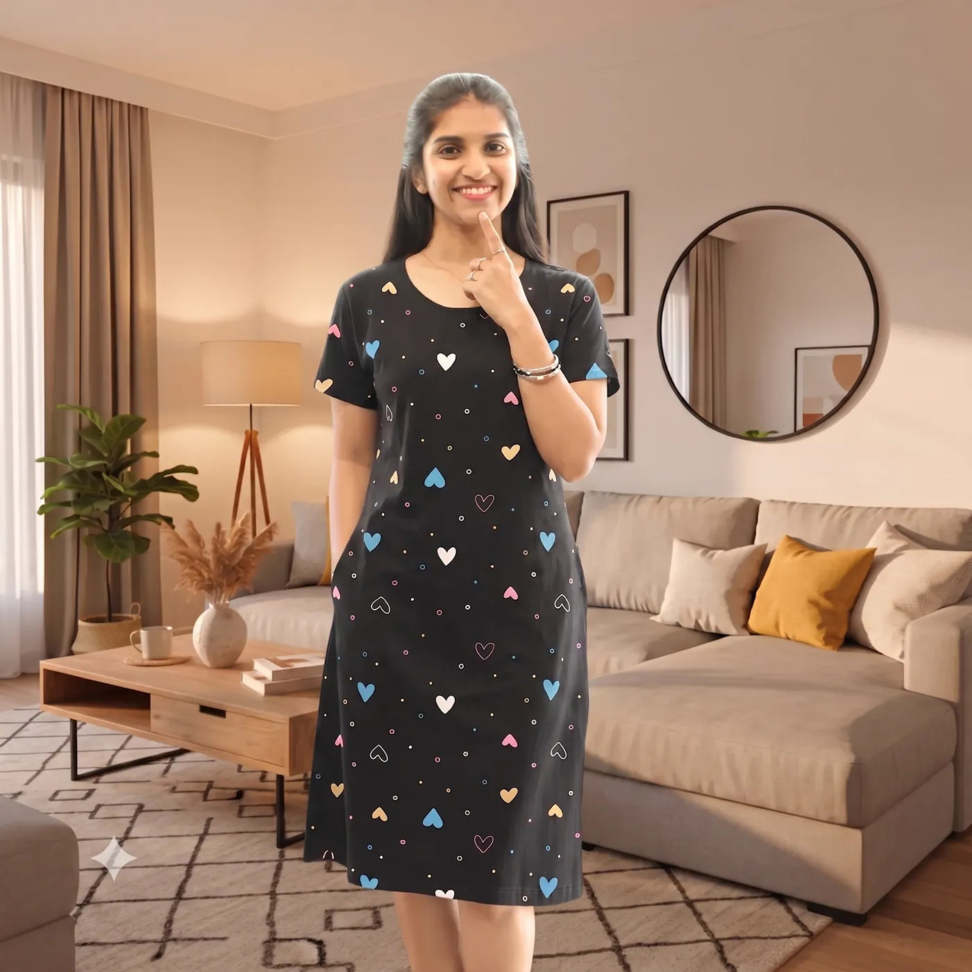 women in black color cotton knee length nighty with pocket , all over printed design