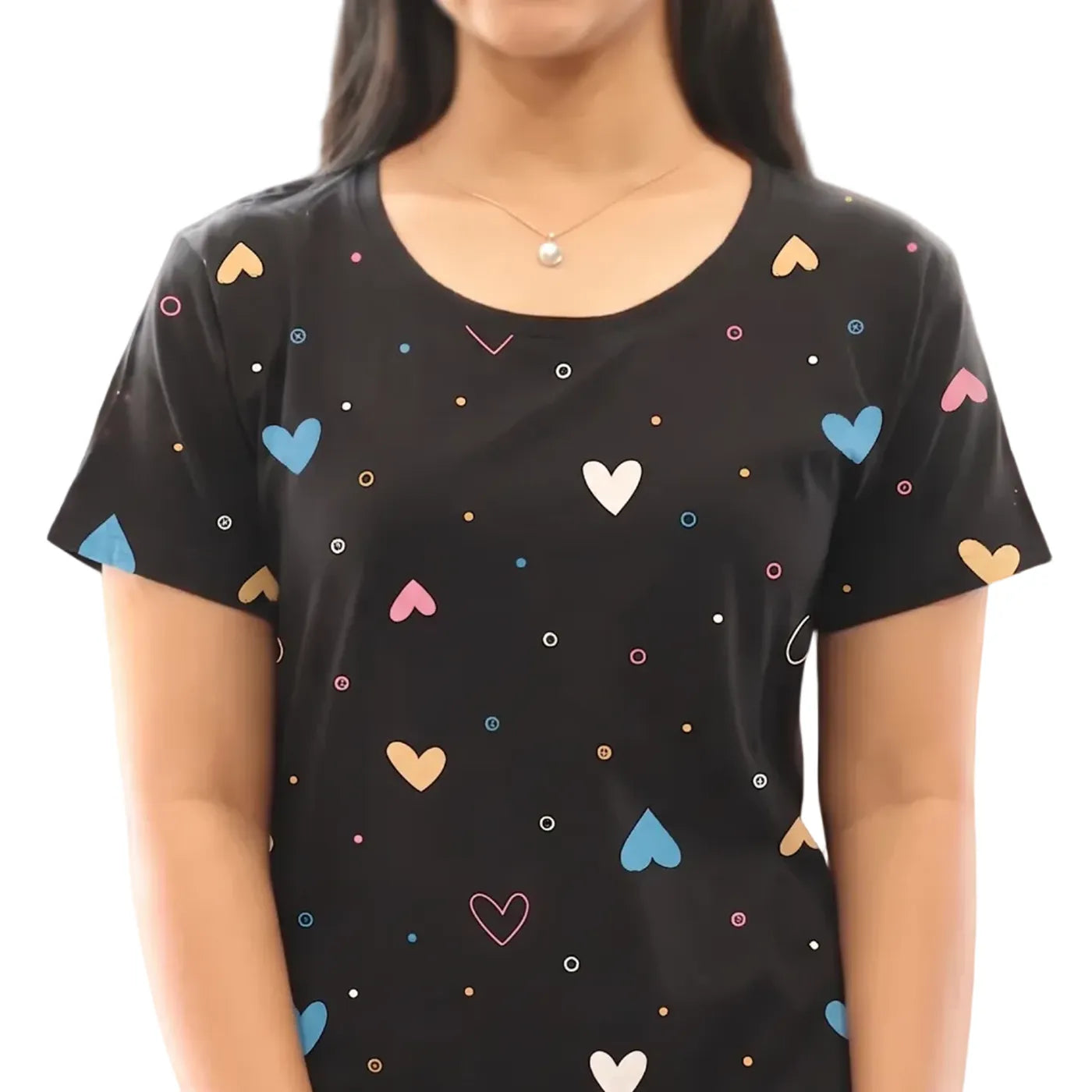 closeup view of black color cotton short nighty with heart prints 