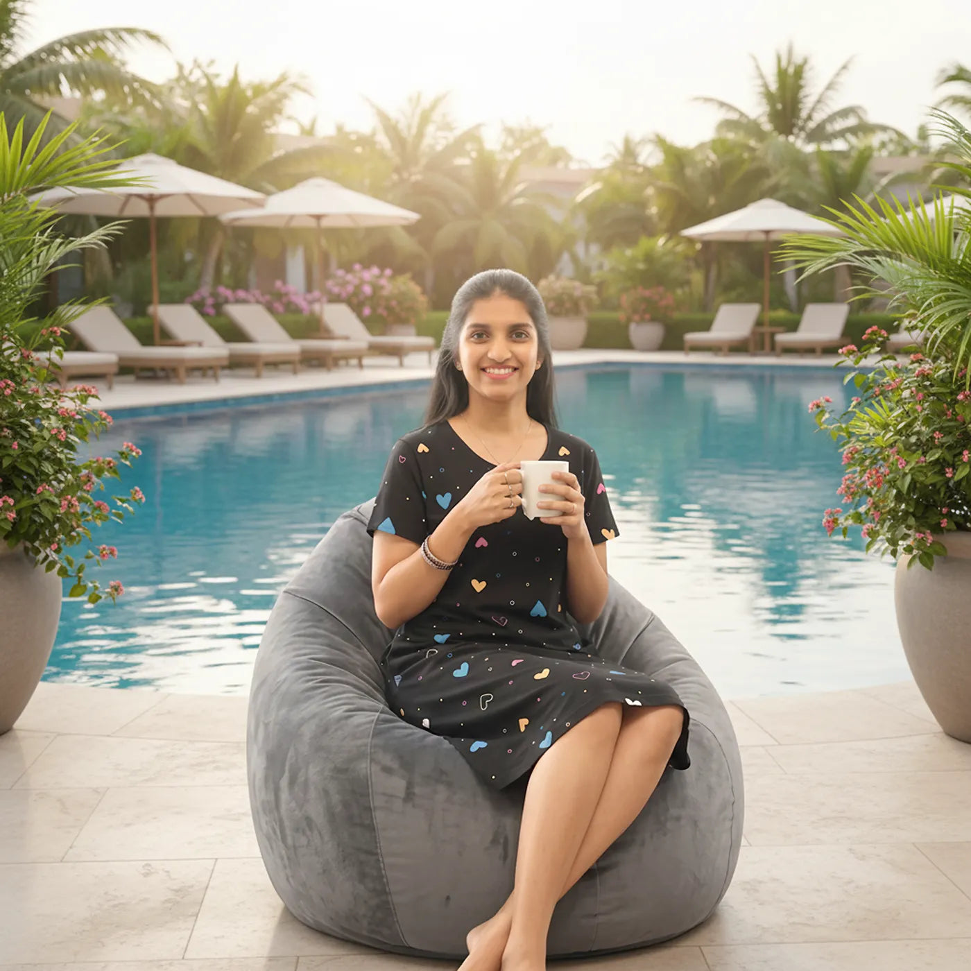 women wearing black color cotton t shirt dress and sitting in bean bag in front of a swimming pool in a resort, suitable as a travel wear and trip costume