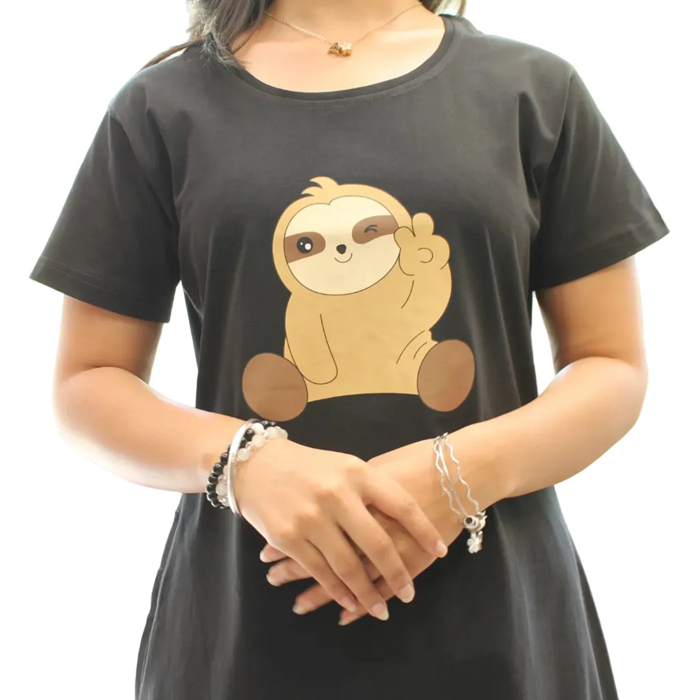Black Sloth Hosiery Cotton Knee-Length Short Nighty with Pocket